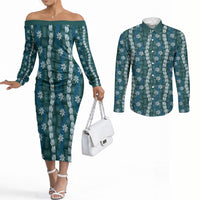 Pikake Maile Tiare Lei Couples Matching Off The Shoulder Long Sleeve Dress and Long Sleeve Button Shirt Polu Lauhala Pattern LT01 Blue - Polynesian Pride