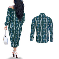 Pikake Maile Tiare Lei Couples Matching Off The Shoulder Long Sleeve Dress and Long Sleeve Button Shirt Polu Lauhala Pattern
