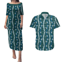 Pikake Maile Tiare Lei Couples Matching Puletasi and Hawaiian Shirt Polu Lauhala Pattern