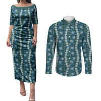 Pikake Maile Tiare Lei Couples Matching Puletasi and Long Sleeve Button Shirt Polu Lauhala Pattern LT01 Blue - Polynesian Pride
