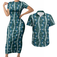 Pikake Maile Tiare Lei Couples Matching Short Sleeve Bodycon Dress and Hawaiian Shirt Polu Lauhala Pattern LT01 Blue - Polynesian Pride