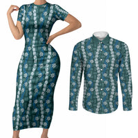 Pikake Maile Tiare Lei Couples Matching Short Sleeve Bodycon Dress and Long Sleeve Button Shirt Polu Lauhala Pattern LT01 Blue - Polynesian Pride