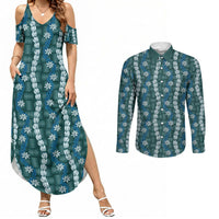 Pikake Maile Tiare Lei Couples Matching Summer Maxi Dress and Long Sleeve Button Shirt Polu Lauhala Pattern LT01 Blue - Polynesian Pride