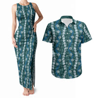 Pikake Maile Tiare Lei Couples Matching Tank Maxi Dress and Hawaiian Shirt Polu Lauhala Pattern LT01 Blue - Polynesian Pride