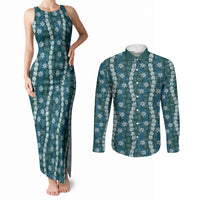 Pikake Maile Tiare Lei Couples Matching Tank Maxi Dress and Long Sleeve Button Shirt Polu Lauhala Pattern LT01 Blue - Polynesian Pride