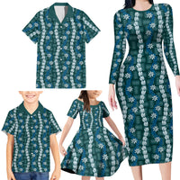 Pikake Maile Tiare Lei Family Matching Long Sleeve Bodycon Dress and Hawaiian Shirt Polu Lauhala Pattern