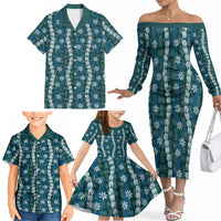 Pikake Maile Tiare Lei Family Matching Off The Shoulder Long Sleeve Dress and Hawaiian Shirt Polu Lauhala Pattern LT01 - Polynesian Pride
