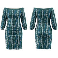 Pikake Maile Tiare Lei Family Matching Off The Shoulder Long Sleeve Dress and Hawaiian Shirt Polu Lauhala Pattern LT01 Mom's Dress Blue - Polynesian Pride