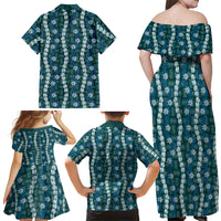 Pikake Maile Tiare Lei Family Matching Off Shoulder Maxi Dress and Hawaiian Shirt Polu Lauhala Pattern