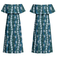 Pikake Maile Tiare Lei Family Matching Off Shoulder Maxi Dress and Hawaiian Shirt Polu Lauhala Pattern LT01 Mom's Dress Blue - Polynesian Pride