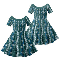 Pikake Maile Tiare Lei Family Matching Off Shoulder Maxi Dress and Hawaiian Shirt Polu Lauhala Pattern LT01 Daughter's Dress Blue - Polynesian Pride