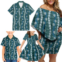 Pikake Maile Tiare Lei Family Matching Off Shoulder Short Dress and Hawaiian Shirt Polu Lauhala Pattern LT01 - Polynesian Pride