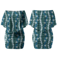 Pikake Maile Tiare Lei Family Matching Off Shoulder Short Dress and Hawaiian Shirt Polu Lauhala Pattern LT01 Mom's Dress Blue - Polynesian Pride