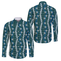 Pikake Maile Tiare Lei Family Matching Off Shoulder Short Dress and Hawaiian Shirt Polu Lauhala Pattern LT01 Dad's Shirt - Long Sleeve Blue - Polynesian Pride