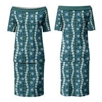 Pikake Maile Tiare Lei Family Matching Puletasi and Hawaiian Shirt Polu Lauhala Pattern LT01 Mom's Dress Blue - Polynesian Pride