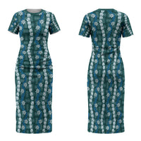 Pikake Maile Tiare Lei Family Matching Short Sleeve Bodycon Dress and Hawaiian Shirt Polu Lauhala Pattern LT01 Mom's Dress Blue - Polynesian Pride