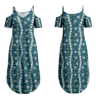 Pikake Maile Tiare Lei Family Matching Summer Maxi Dress and Hawaiian Shirt Polu Lauhala Pattern LT01 Mom's Dress Blue - Polynesian Pride