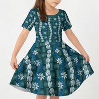Pikake Maile Tiare Lei Kid Short Sleeve Dress Polu Lauhala Pattern LT01 KID Blue - Polynesian Pride