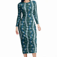 Pikake Maile Tiare Lei Long Sleeve Bodycon Dress Polu Lauhala Pattern LT01 Long Dress Blue - Polynesian Pride