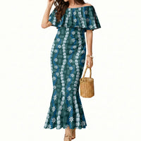 Pikake Maile Tiare Lei Mermaid Dress Polu Lauhala Pattern LT01 Women Blue - Polynesian Pride