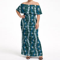 Pikake Maile Tiare Lei Off Shoulder Maxi Dress Polu Lauhala Pattern LT01 Women Blue - Polynesian Pride