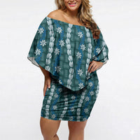 Pikake Maile Tiare Lei Off Shoulder Short Dress Polu Lauhala Pattern LT01 Women Blue - Polynesian Pride