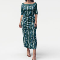 Pikake Maile Tiare Lei Puletasi Polu Lauhala Pattern LT01 Long Dress Blue - Polynesian Pride