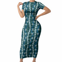 Pikake Maile Tiare Lei Short Sleeve Bodycon Dress Polu Lauhala Pattern LT01 Long Dress Blue - Polynesian Pride