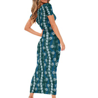 Pikake Maile Tiare Lei Short Sleeve Bodycon Dress Polu Lauhala Pattern