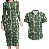 Pikake Maile Tiare Lei Couples Matching Long Sleeve Bodycon Dress and Hawaiian Shirt Omaomao Lauhala Pattern LT01 Green - Polynesian Pride