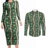 Pikake Maile Tiare Lei Couples Matching Long Sleeve Bodycon Dress and Long Sleeve Button Shirt Omaomao Lauhala Pattern LT01 Green - Polynesian Pride