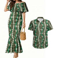 Pikake Maile Tiare Lei Couples Matching Mermaid Dress and Hawaiian Shirt Omaomao Lauhala Pattern LT01 Green - Polynesian Pride