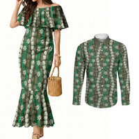 Pikake Maile Tiare Lei Couples Matching Mermaid Dress and Long Sleeve Button Shirt Omaomao Lauhala Pattern LT01 Green - Polynesian Pride