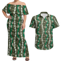 Pikake Maile Tiare Lei Couples Matching Off Shoulder Maxi Dress and Hawaiian Shirt Omaomao Lauhala Pattern LT01 Green - Polynesian Pride