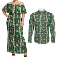 Pikake Maile Tiare Lei Couples Matching Off Shoulder Maxi Dress and Long Sleeve Button Shirt Omaomao Lauhala Pattern LT01 Green - Polynesian Pride