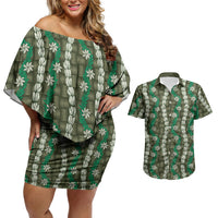 Pikake Maile Tiare Lei Couples Matching Off Shoulder Short Dress and Hawaiian Shirt Omaomao Lauhala Pattern LT01 Green - Polynesian Pride