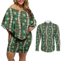 Pikake Maile Tiare Lei Couples Matching Off Shoulder Short Dress and Long Sleeve Button Shirt Omaomao Lauhala Pattern LT01 Green - Polynesian Pride