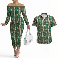 Pikake Maile Tiare Lei Couples Matching Off The Shoulder Long Sleeve Dress and Hawaiian Shirt Omaomao Lauhala Pattern LT01 Green - Polynesian Pride
