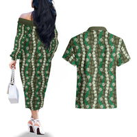 Pikake Maile Tiare Lei Couples Matching Off The Shoulder Long Sleeve Dress and Hawaiian Shirt Omaomao Lauhala Pattern