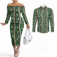 Pikake Maile Tiare Lei Couples Matching Off The Shoulder Long Sleeve Dress and Long Sleeve Button Shirt Omaomao Lauhala Pattern LT01 Green - Polynesian Pride