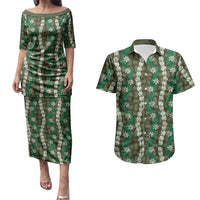 Pikake Maile Tiare Lei Couples Matching Puletasi and Hawaiian Shirt Omaomao Lauhala Pattern LT01 Green - Polynesian Pride