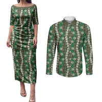 Pikake Maile Tiare Lei Couples Matching Puletasi and Long Sleeve Button Shirt Omaomao Lauhala Pattern LT01 Green - Polynesian Pride