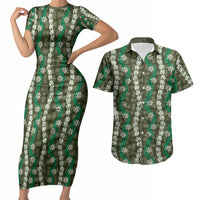 Pikake Maile Tiare Lei Couples Matching Short Sleeve Bodycon Dress and Hawaiian Shirt Omaomao Lauhala Pattern LT01 Green - Polynesian Pride
