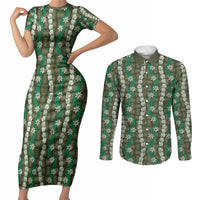 Pikake Maile Tiare Lei Couples Matching Short Sleeve Bodycon Dress and Long Sleeve Button Shirt Omaomao Lauhala Pattern LT01 Green - Polynesian Pride