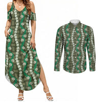 Pikake Maile Tiare Lei Couples Matching Summer Maxi Dress and Long Sleeve Button Shirt Omaomao Lauhala Pattern LT01 Green - Polynesian Pride