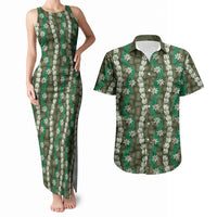 Pikake Maile Tiare Lei Couples Matching Tank Maxi Dress and Hawaiian Shirt Omaomao Lauhala Pattern LT01 Green - Polynesian Pride