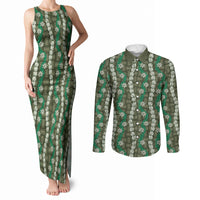 Pikake Maile Tiare Lei Couples Matching Tank Maxi Dress and Long Sleeve Button Shirt Omaomao Lauhala Pattern LT01 Green - Polynesian Pride
