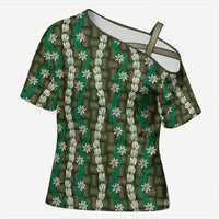 Pikake Maile Tiare Lei Cross Shoulder Shirt Omaomao Lauhala Pattern
