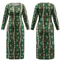 Pikake Maile Tiare Lei Family Matching Long Sleeve Bodycon Dress and Hawaiian Shirt Omaomao Lauhala Pattern LT01 Mom's Dress Green - Polynesian Pride