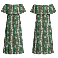 Pikake Maile Tiare Lei Family Matching Off Shoulder Maxi Dress and Hawaiian Shirt Omaomao Lauhala Pattern LT01 Mom's Dress Green - Polynesian Pride